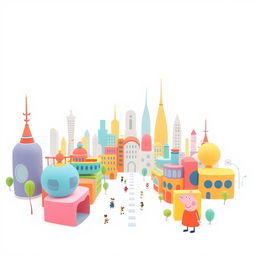 A minimalist futuristic city with a white background, designed simply and clearly, appealing to a general audience