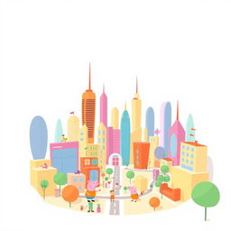 A minimalist futuristic city with a white background, designed simply and clearly, appealing to a general audience