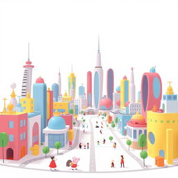 A minimalist futuristic city with a white background, designed simply and clearly, appealing to a general audience