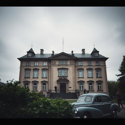 A detailed and atmospheric depiction of the Ipatiev House in Yekaterinburg, Russia, focusing on its historical architecture and somber ambiance