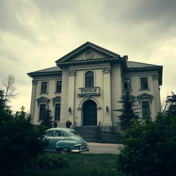 A detailed and atmospheric depiction of the Ipatiev House in Yekaterinburg, Russia, focusing on its historical architecture and somber ambiance