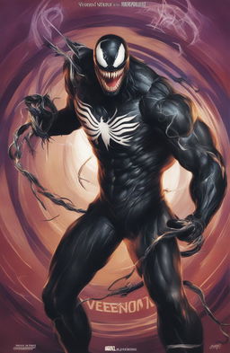 A high-definition digital art image of a vintage Marvel Legends poster featuring Venom, designed to resemble a glossy vinyl record cover