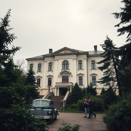 A detailed and atmospheric depiction of the Ipatiev House in Yekaterinburg, Russia, focusing on its historical architecture and somber ambiance