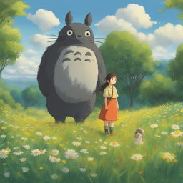 A high-quality digital art image in the style of Studio Ghibli, featuring a Ghibli character standing in a vast, vibrant field