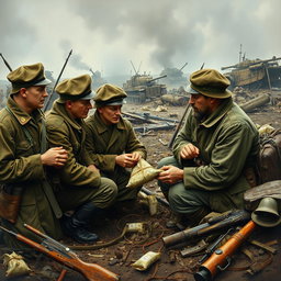 A vivid historical scene depicting Soviet soldiers in 1918 amidst a backdrop of war