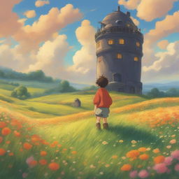 A high-quality digital art image in the style of Studio Ghibli, featuring a Ghibli character standing in a vast, vibrant field