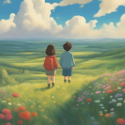 A high-quality digital art image in the style of Studio Ghibli, featuring a Ghibli character standing in a vast, vibrant field