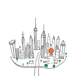 A handmade minimalist futuristic city devoid of color, set against a white background