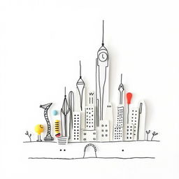 A handmade minimalist futuristic city devoid of color, set against a white background