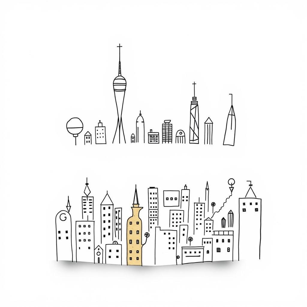 A handmade minimalist futuristic city devoid of color, set against a white background