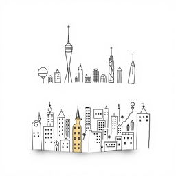 A handmade minimalist futuristic city devoid of color, set against a white background