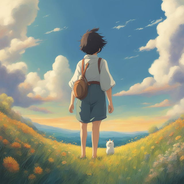 A high-quality digital art image in the style of Studio Ghibli, featuring a Ghibli character standing in a vast, vibrant field