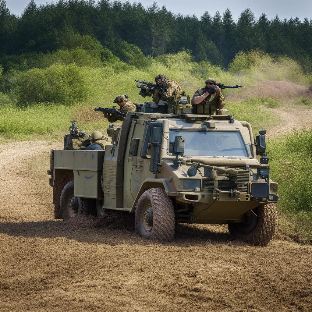 5 combatants in military fatigue, armed with assault rifles, missile launcher and radio in a rugged terrain vehicle