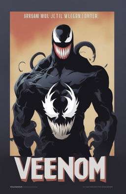 A minimalist, high-definition digital art image styled as a vintage Marvel Legends poster featuring Venom, designed to resemble a glossy vinyl record cover