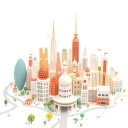 A well-illustrated, handmade minimalist futuristic city devoid of color, featuring a white background