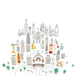 A well-illustrated, handmade minimalist futuristic city devoid of color, featuring a white background
