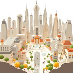 A well-illustrated, handmade minimalist futuristic city devoid of color, featuring a white background