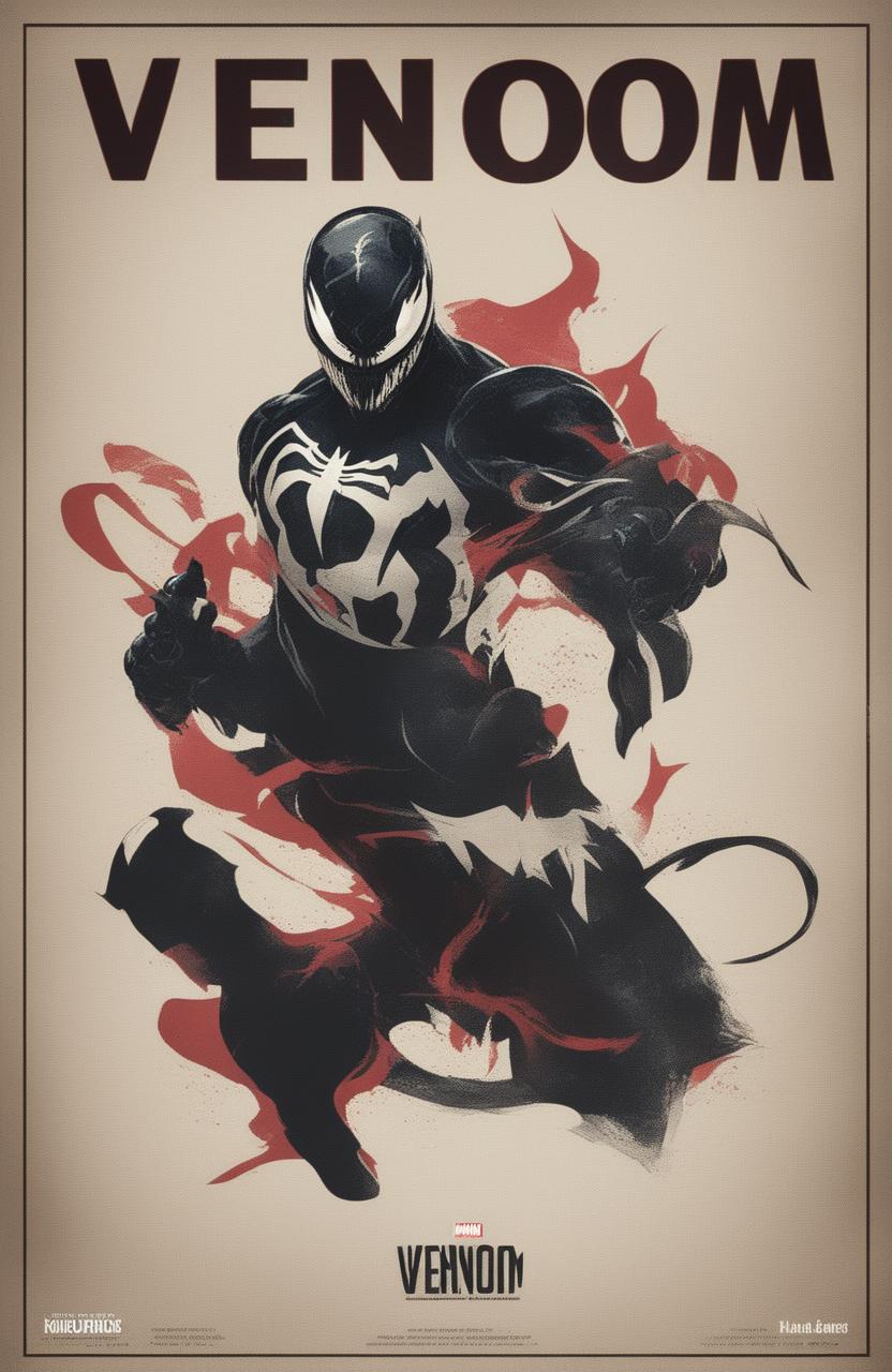 A minimalist, high-definition digital art image styled as a vintage Marvel Legends poster featuring Venom, designed to resemble a glossy vinyl record cover