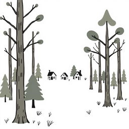 A simple illustration of a portion of a forest, maintaining a minimalist and colorless aesthetic