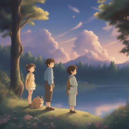 A high-resolution digital art image in the style of Studio Ghibli, featuring two different Ghibli characters standing by a tranquil lake at twilight