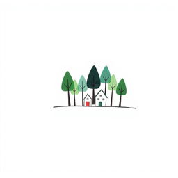 A handmade, minimalist illustration of a simple portion of a forest, complemented by a few quaint houses positioned close together