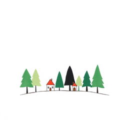 A handmade, minimalist illustration of a simple portion of a forest, complemented by a few quaint houses positioned close together
