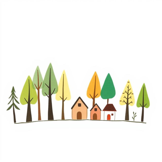 A handmade, minimalist illustration of a simple portion of a forest, complemented by a few quaint houses positioned close together