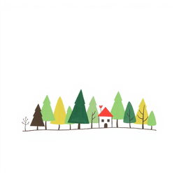 A handmade, minimalist illustration of a simple portion of a forest, complemented by a few quaint houses positioned close together