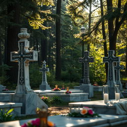 A detailed view of the burial site of the Romanovs, showcasing the intricate marble headstones and elaborate cross markers set within a tranquil forested area