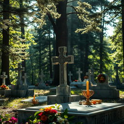 A detailed view of the burial site of the Romanovs, showcasing the intricate marble headstones and elaborate cross markers set within a tranquil forested area