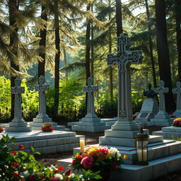 A detailed view of the burial site of the Romanovs, showcasing the intricate marble headstones and elaborate cross markers set within a tranquil forested area