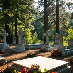 A detailed view of the burial site of the Romanovs, showcasing the intricate marble headstones and elaborate cross markers set within a tranquil forested area
