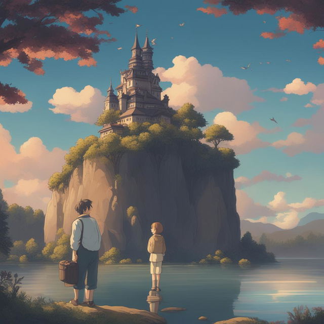 A high-resolution digital art image in the style of Studio Ghibli, featuring two different Ghibli characters standing by a tranquil lake at twilight