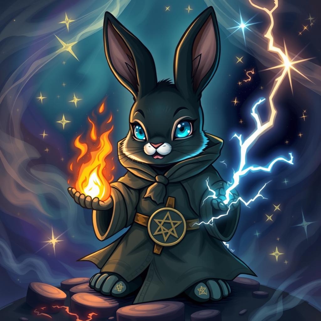 A short, black bunny that is haunted and also a sorcerer