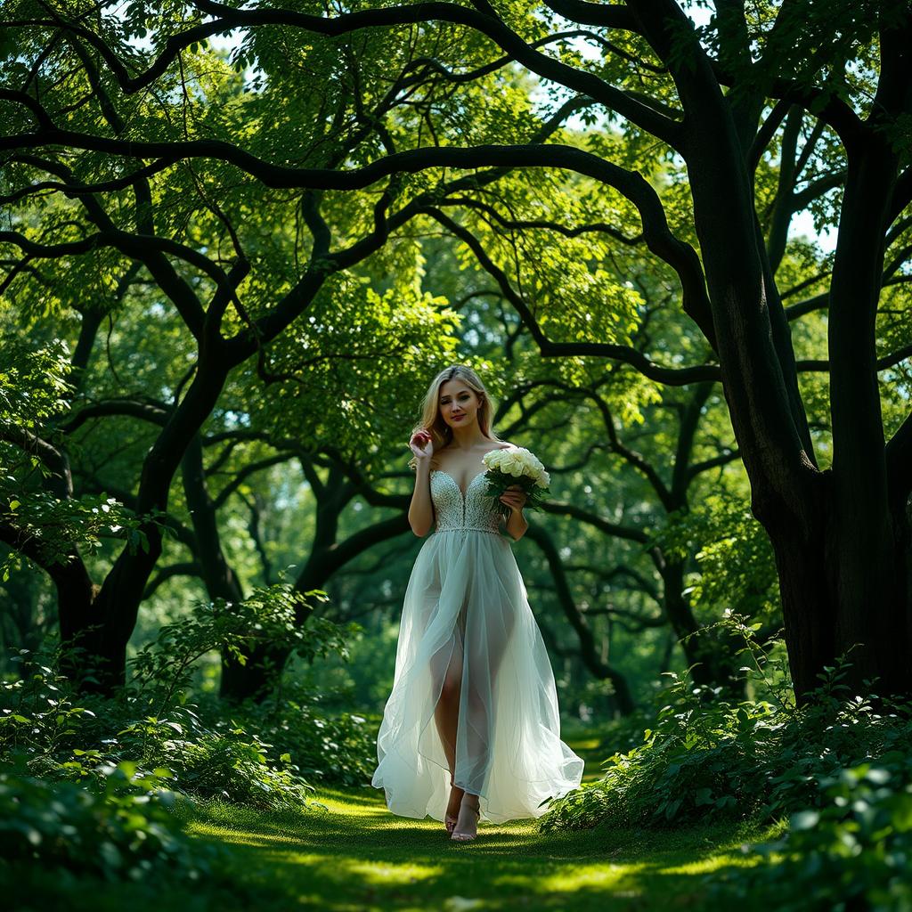 A stunningly elegant white woman walking gracefully through a lush jungle, carrying beautiful white roses