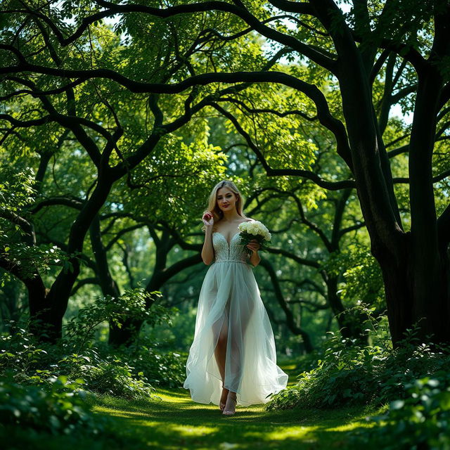 A stunningly elegant white woman walking gracefully through a lush jungle, carrying beautiful white roses