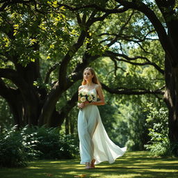 A stunningly elegant white woman walking gracefully through a lush jungle, carrying beautiful white roses