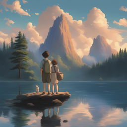 A high-resolution digital art image in the style of Studio Ghibli, featuring two different Ghibli characters standing by a tranquil lake at twilight