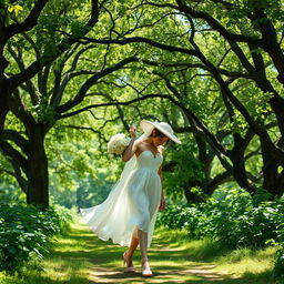 A stunningly elegant white woman walking gracefully through a lush jungle, carrying beautiful white roses