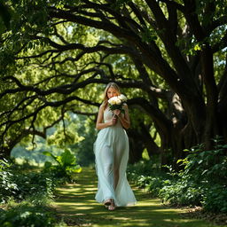 A stunningly elegant white woman walking gracefully through a lush jungle, carrying beautiful white roses