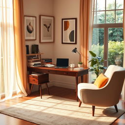 An elegant and serene scene depicting a cozy home office environment