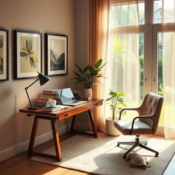 An elegant and serene scene depicting a cozy home office environment