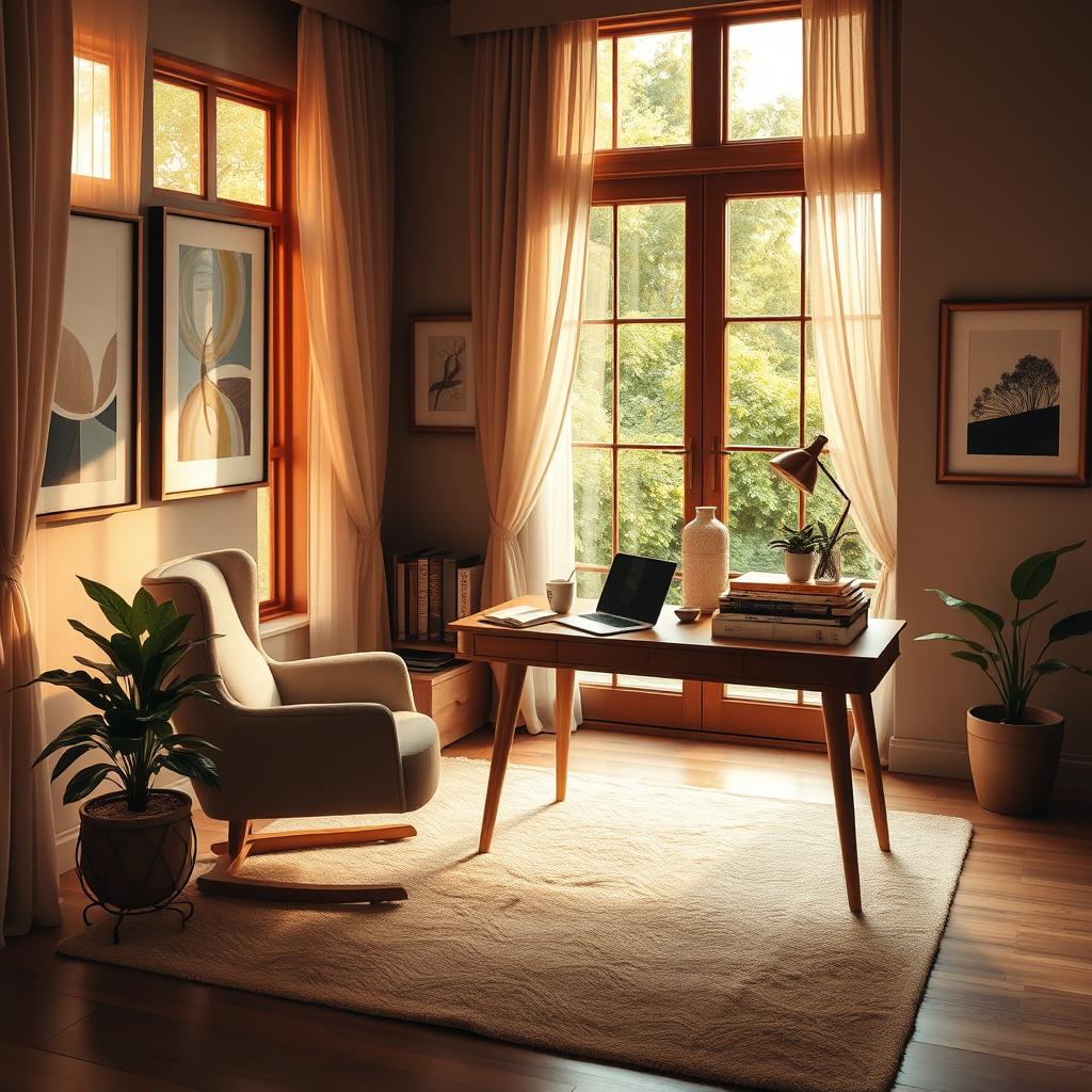 An elegant and serene scene depicting a cozy home office environment