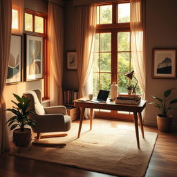 An elegant and serene scene depicting a cozy home office environment