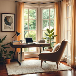 An elegant and serene scene depicting a cozy home office environment