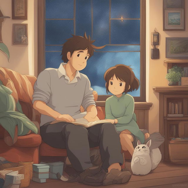 A high-definition digital art image in the style of Studio Ghibli, featuring a close-up view of two new Ghibli characters in a cozy indoor setting