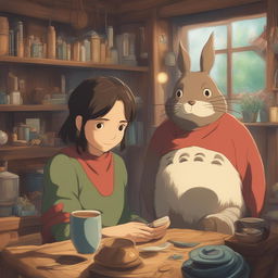 A high-definition digital art image in the style of Studio Ghibli, featuring a close-up view of two new Ghibli characters in a cozy indoor setting