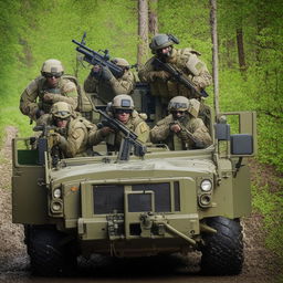 5 combatants in military fatigue, armed with assault rifles, missile launcher and radio in a rugged terrain vehicle