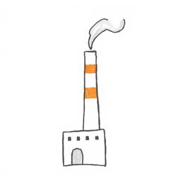 A handmade, minimalist illustration of a factory chimney emitting smoke, designed in a simple and colorless aesthetic