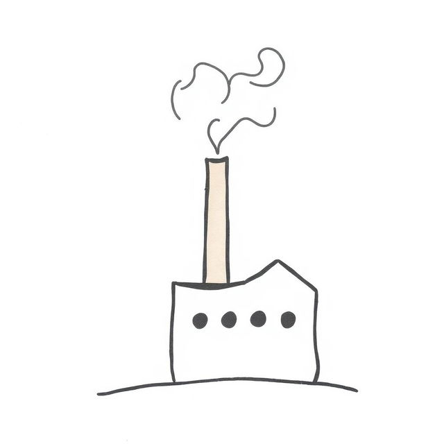 A handmade, minimalist illustration of a factory chimney emitting smoke, designed in a simple and colorless aesthetic